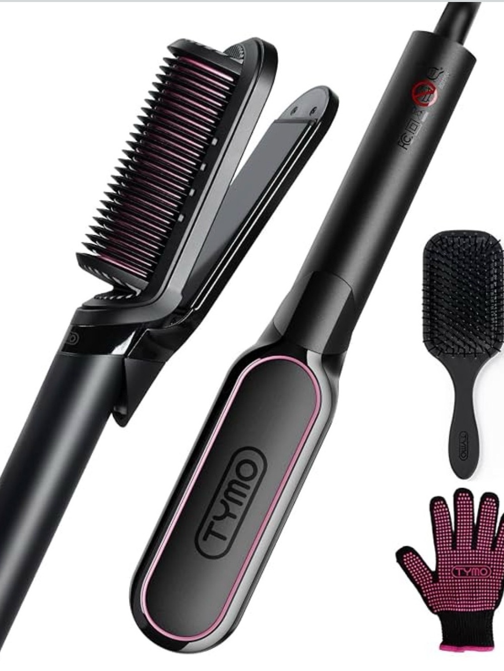 TYMO Black and Pink Electric Hair Straightening Brush Set